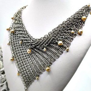 Silver Mesh Bib Necklace. Intricate detail Handmade Fresh Water Pearls